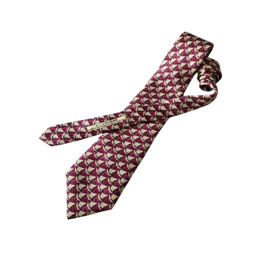 Boxtree Company 100% Silk Tie Fish Nautical Boats Made USA Novelty Burgundy Bold
